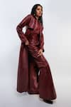 Deme by Gabriella_Red Leather Plain Lapel Collar Ellen Trench Coat Pant Set _at_Aza_Fashions