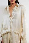 Buy_Deme By Gabriella_Ivory Satin Fabric Flowers Collared Angela Floral Applique Shirt And Pant Set _Online_at_Aza_Fashions