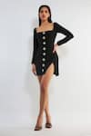 Buy_Deme By Gabriella_Black Faux Leather Embroidery Square Neck Andie Embellished Short Dress _at_Aza_Fashions