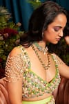 Papa Don't Preach_Green Tulle Embroidery Sequin Notched Nova Work Blouse Sharara Set _Online_at_Aza_Fashions