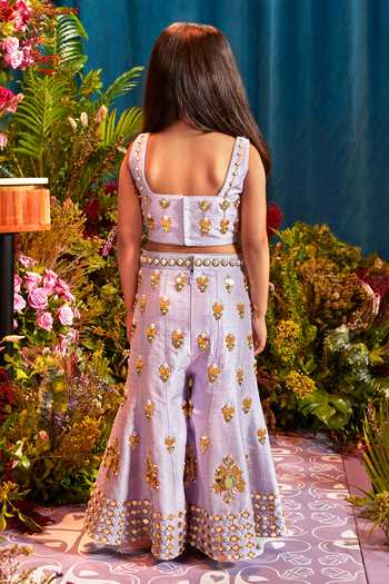 Shop_Papa Dont Preach_Purple Silk Pearls, Sequins, Metallic Mia Embellished Top And Flared Pant Set _at_Aza_Fashions