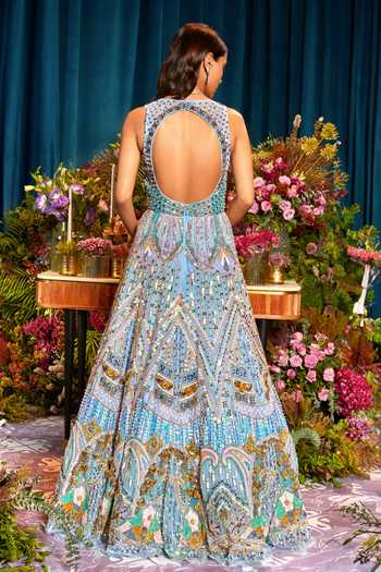 Shop_Papa Dont Preach_Blue Tulle Sequins, Cut Work V-neck Luna Chevron Embroidered Gown _at_Aza_Fashions