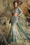 Papa Don't Preach_Blue Tulle Embellished Metal Round Thalia Stripe Lehenga Set _Online_at_Aza_Fashions