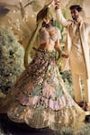 Papa Don't Preach_Green Tulle Embroidery Sequin Notched Floral Patchwork Lehenga Set _at_Aza_Fashions