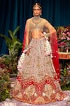 Buy_Papa Don't Preach_Red Raw Silk Embroidery Metal Sweetheart Neck Rosetta Bridal Lehenga Set _at_Aza_Fashions