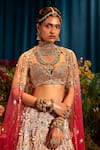 Buy_Papa Don't Preach_Red Raw Silk Embroidery Metal Sweetheart Neck Rosetta Bridal Lehenga Set _Online_at_Aza_Fashions