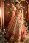 Papa Don't Preach_Red Raw Silk Embroidery Metal Sweetheart Neck Rosetta Bridal Lehenga Set _at_Aza_Fashions