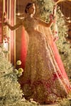 Buy_Papa Don't Preach_Red Raw Silk Embroidery Metal Sweetheart Neck Rosetta Bridal Lehenga Set 