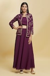 Buy_Adara Khan_Purple Crepe Woven Floral Square Neck Pattern Jacket Skirt Set_at_Aza_Fashions