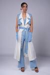 Buy_Diksha Khanna_Blue Chanderi Overlap Panel Trench Coat _at_Aza_Fashions