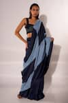 DIKSHA KHANNA_Blue Denim Patchwork Square Pre-stitched Saree With Blouse _at_Aza_Fashions