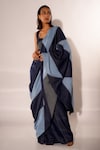 Buy_DIKSHA KHANNA_Blue Denim Patchwork Square Pre-stitched Saree With Blouse 