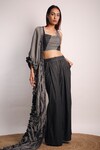 DIKSHA KHANNA_Grey Denim Patchwork Square Ruched Pallu Pant Saree With Blouse _Online_at_Aza_Fashions