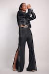 Buy_DIKSHA KHANNA_Grey Denim Solid Shirt Collar Ruched Crop With Side Slit Pant _Online_at_Aza_Fashions