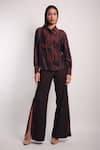 Buy_DIKSHA KHANNA_Brown Denim Applique Shirt Collar Stripe Placement With Pant _at_Aza_Fashions