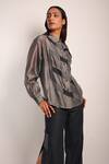 Buy_DIKSHA KHANNA_Grey Denim Applique Shirt Collar Placed Stripe With Pant _Online_at_Aza_Fashions