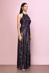 Shop_Naintara Bajaj_Purple Chinnon Embroidery Sequin Halter Neck Dress_Online_at_Aza_Fashions