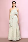 Shop_Naintara Bajaj_Off White Silk Printed Floral Stripe Asymmetric Lehenga And Blouse Set_Online_at_Aza_Fashions