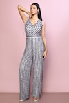 Buy_Naintara Bajaj_Grey Chinnon Embroidery Sequin V Neck Stripe Jumpsuit_at_Aza_Fashions