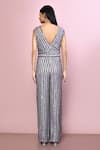 Shop_Naintara Bajaj_Grey Chinnon Embroidery Sequin V Neck Stripe Jumpsuit_at_Aza_Fashions