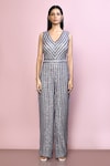 Naintara Bajaj_Grey Chinnon Embroidery Sequin V Neck Stripe Jumpsuit_Online_at_Aza_Fashions