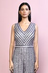 Buy_Naintara Bajaj_Grey Chinnon Embroidery Sequin V Neck Stripe Jumpsuit_Online_at_Aza_Fashions