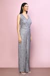 Shop_Naintara Bajaj_Grey Chinnon Embroidery Sequin V Neck Stripe Jumpsuit_Online_at_Aza_Fashions