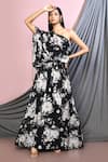 Buy_Naintara Bajaj_Black Chinnon Printed Botanical Asymmetric One Shoulder Dress_at_Aza_Fashions
