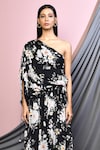 Buy_Naintara Bajaj_Black Chinnon Printed Botanical Asymmetric One Shoulder Dress_Online_at_Aza_Fashions