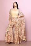 Buy_Naintara Bajaj_Yellow Top And Palazzo Chiffon Printed Floral Cape Open Set_at_Aza_Fashions