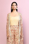 Naintara Bajaj_Yellow Top And Palazzo Chiffon Printed Floral Cape Open Set_at_Aza_Fashions