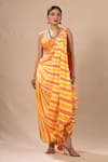Buy_Pink City By Sarika_Orange Silk Tassels, Embroidery V-neck Leheriya Pre-draped Saree With Blouse _at_Aza_Fashions
