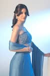 Richa Jaisinghani Label_Blue Satin Georgette Hand Embroidered Blouse And Pre-draped Saree Set  _Online_at_Aza_Fashions