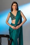 Shop_Richa Jaisinghani Label_Green Satin Georgette Hand Embroidered Blouse With Pre-draped Saree  _at_Aza_Fashions