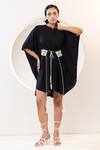 Buy_KUSMI_Black 100% Handwoven Cotton Solid Stand Collar Dress With Tie-up Belt _at_Aza_Fashions