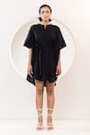 Buy_KUSMI_Black 100% Handwoven Cotton Solid Stand Collar Dress With Tie-up Belt _Online_at_Aza_Fashions