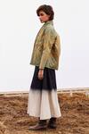 Shop_Kharakapas_Green Cotton Embroidery Shawl Neck Floral Block Print Jacket _at_Aza_Fashions
