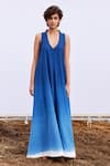 Buy_Kharakapas_Blue Handloom Cotton Plain V Neck Marine Jumpsuit _at_Aza_Fashions