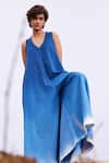 Shop_Kharakapas_Blue Handloom Cotton Plain V Neck Marine Jumpsuit _Online_at_Aza_Fashions
