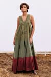 Shop_Kharakapas_Green Cotton Mul Plain V Neck Sage Jumpsuit _at_Aza_Fashions