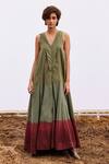 Buy_Kharakapas_Green Cotton Mul Plain V Neck Sage Jumpsuit _at_Aza_Fashions