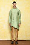 Arihant Rai Sinha_Green Kurta Jacquard Asymmetric Floral Pattern And Churidar Set _Online_at_Aza_Fashions