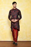 Buy_Arihant Rai Sinha_Multi Color Kurta Jacquard Asymmetric Band Collar And Churidar Set _at_Aza_Fashions