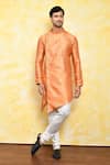 Buy_Arihant Rai Sinha_Orange Kurta Jacquard Asymmetric Band Collar And Churidar Set _at_Aza_Fashions