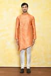 Buy_Arihant Rai Sinha_Orange Kurta Jacquard Asymmetric Band Collar And Churidar Set _Online_at_Aza_Fashions