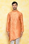 Shop_Arihant Rai Sinha_Orange Kurta Jacquard Asymmetric Band Collar And Churidar Set _Online_at_Aza_Fashions