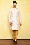 Buy_Arihant Rai Sinha_Peach Kurta Jacquard Printed Floral Work And Churidar Set _at_Aza_Fashions