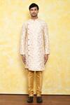 Buy_Arihant Rai Sinha_Peach Kurta Jacquard Printed Floral Work And Churidar Set _Online_at_Aza_Fashions