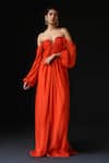 Buy_ZWAAN_Orange Flat Chiffon Plain Sweetheart Neck Gul Off Shoulder Gown _at_Aza_Fashions