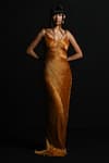 Buy_ZWAAN_Yellow Crushed Metallic Organza Woven Sweetheart Zeya High Slit Draped Gown _at_Aza_Fashions